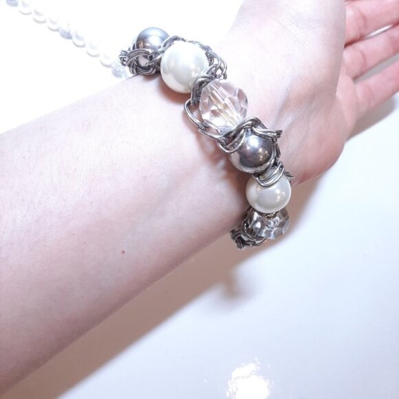 4Pc Set Faux Pearl Silver Chain Jewelry Lariat Knot Necklace Bracelet Tassel - Picture 4 of 13